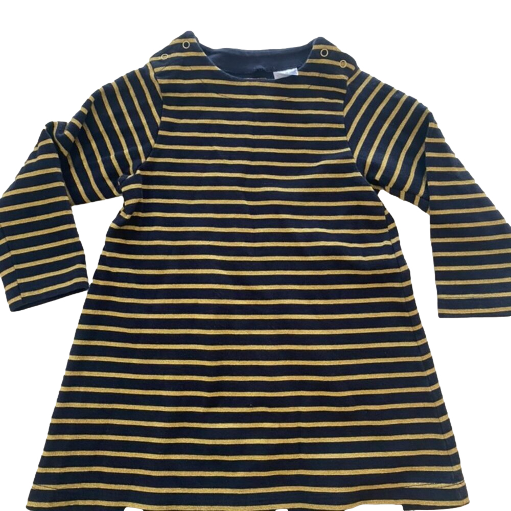 PETIT BATEAU  Navy & Gold Striped Long Sleeve Dress 3T💛